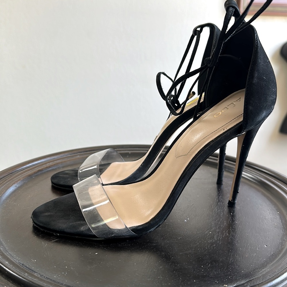 ALDO High Heels Clear Front. Suede Back With Ankle Tie Strap